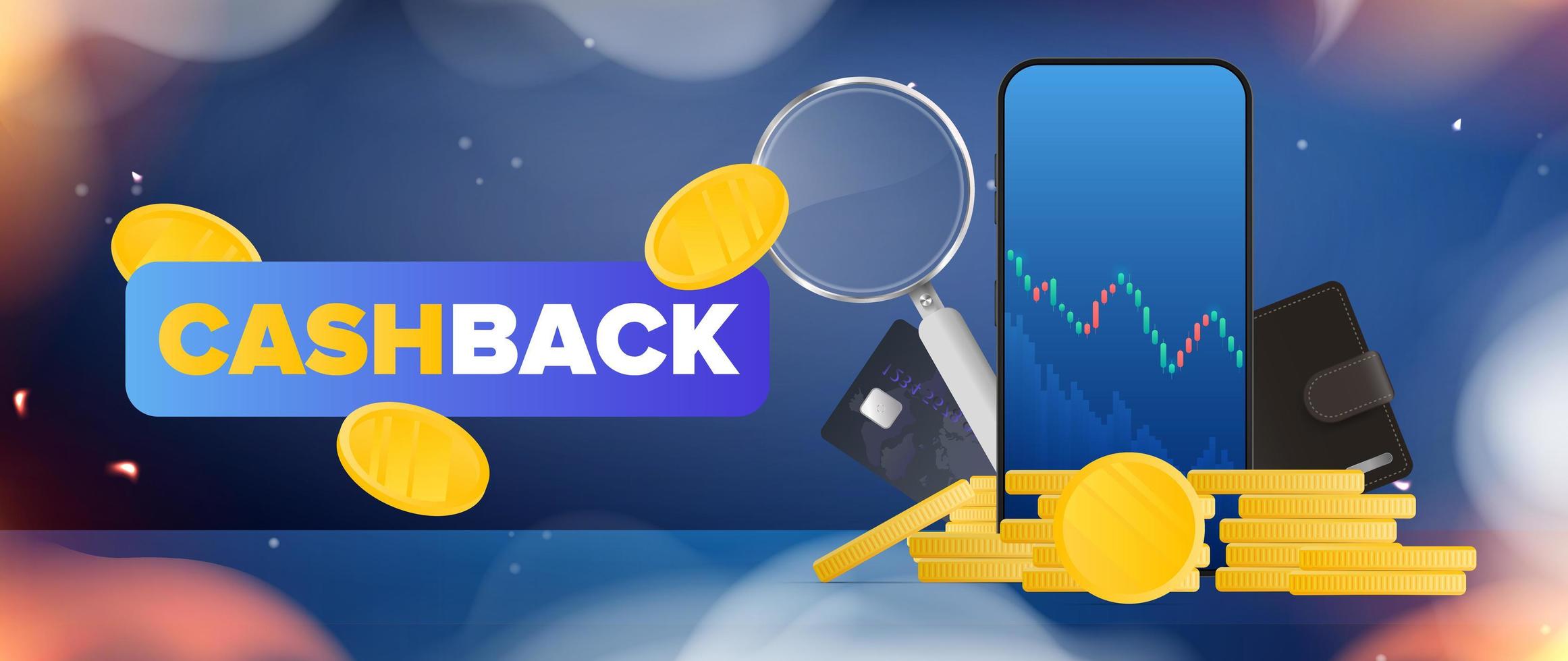 Cashback banner. Realistic flames and smoke. Phone displaying stock market quotes, gold coins, bank cards, coins and a magnifying glass. Neon colors. Vector. vector