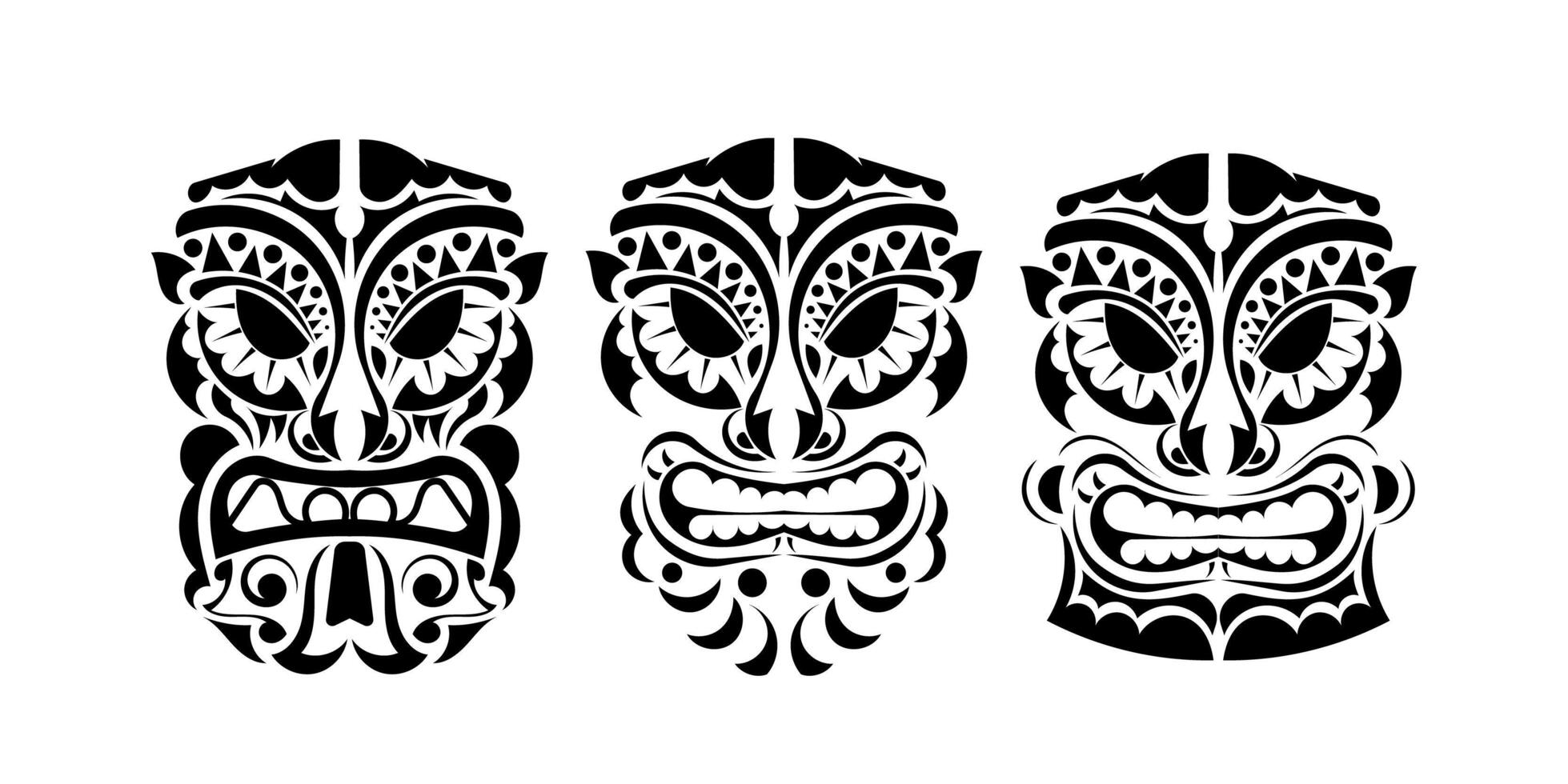 Set of faces of devils in ornament style. Polynesian, Maori or Hawaiian tribal patterns. Good for prints, tattoos, and t-shirts. Isolated. Vector illustration.