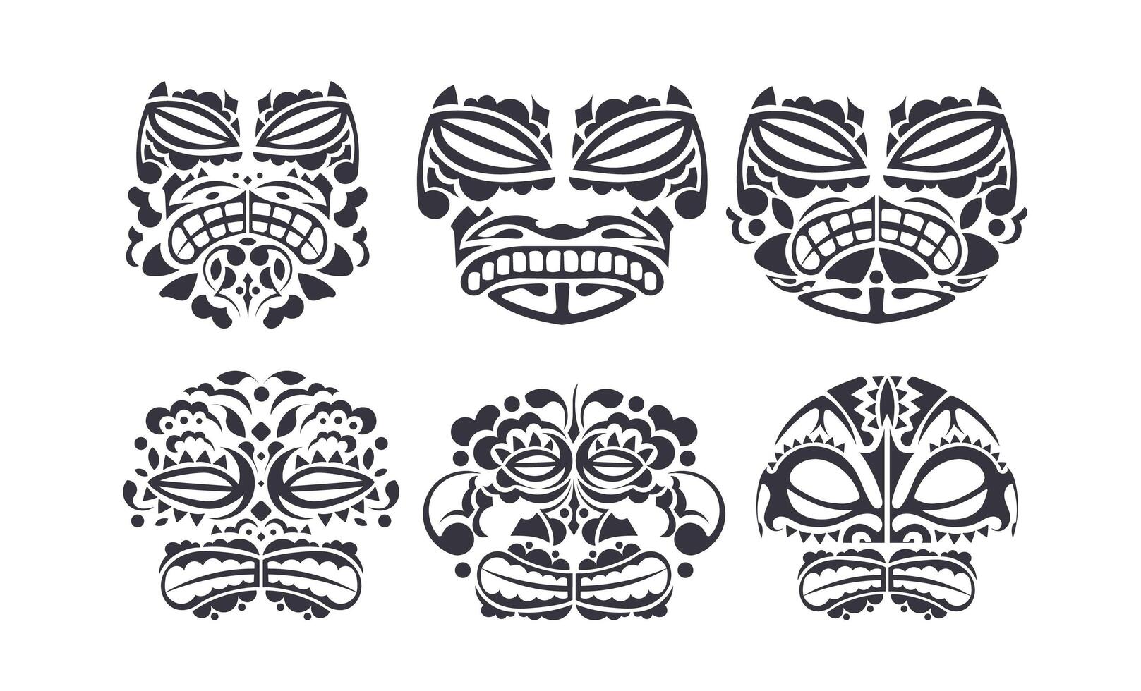 Large Set of Masks with Pattern of Maori and Polynesian culture. Face Tribal Polynesian tattoo style. Handmade. illustration. vector