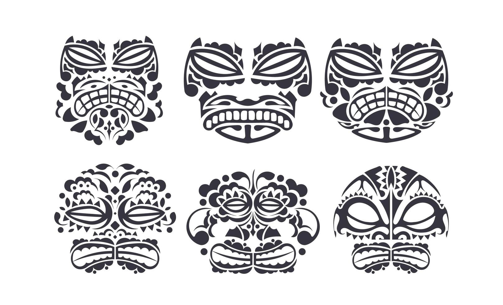 gran conjunto de máscaras con patrón de cultura maorí y polinesia. estilo de tatuaje polinesio tribal de cara. hecho a mano. ilustración vectorial vector