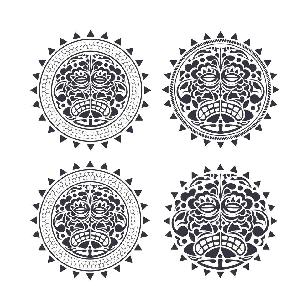 Vector design set - folk art tribal background. Illustration of a mask of indigenous tiki from Hawaii and Polynesia in black and white, the faces of the gods with crowns traditionally.