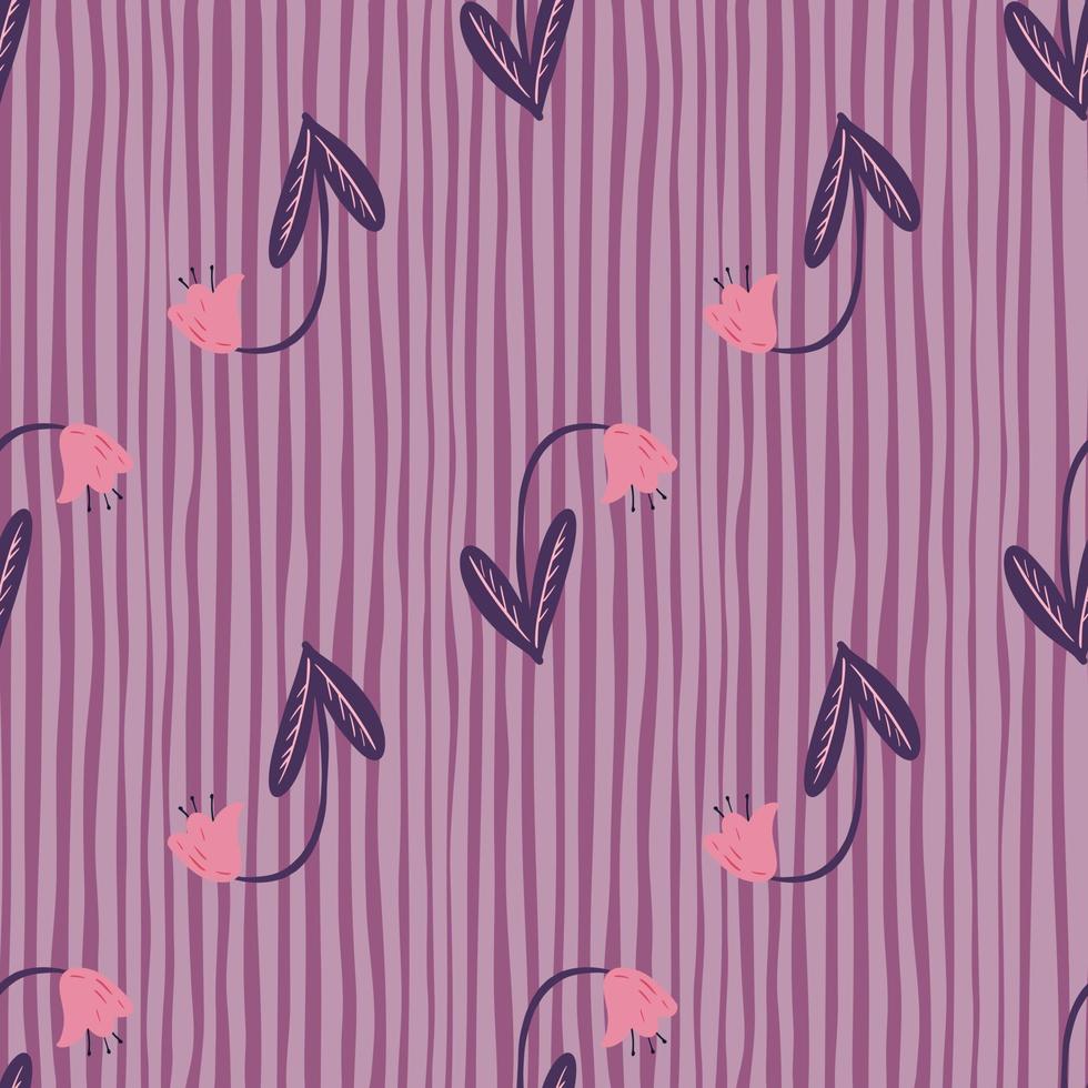 Pink buds campanula elements seamless stylized pattern. Floral nature artwork on purple striped background. vector