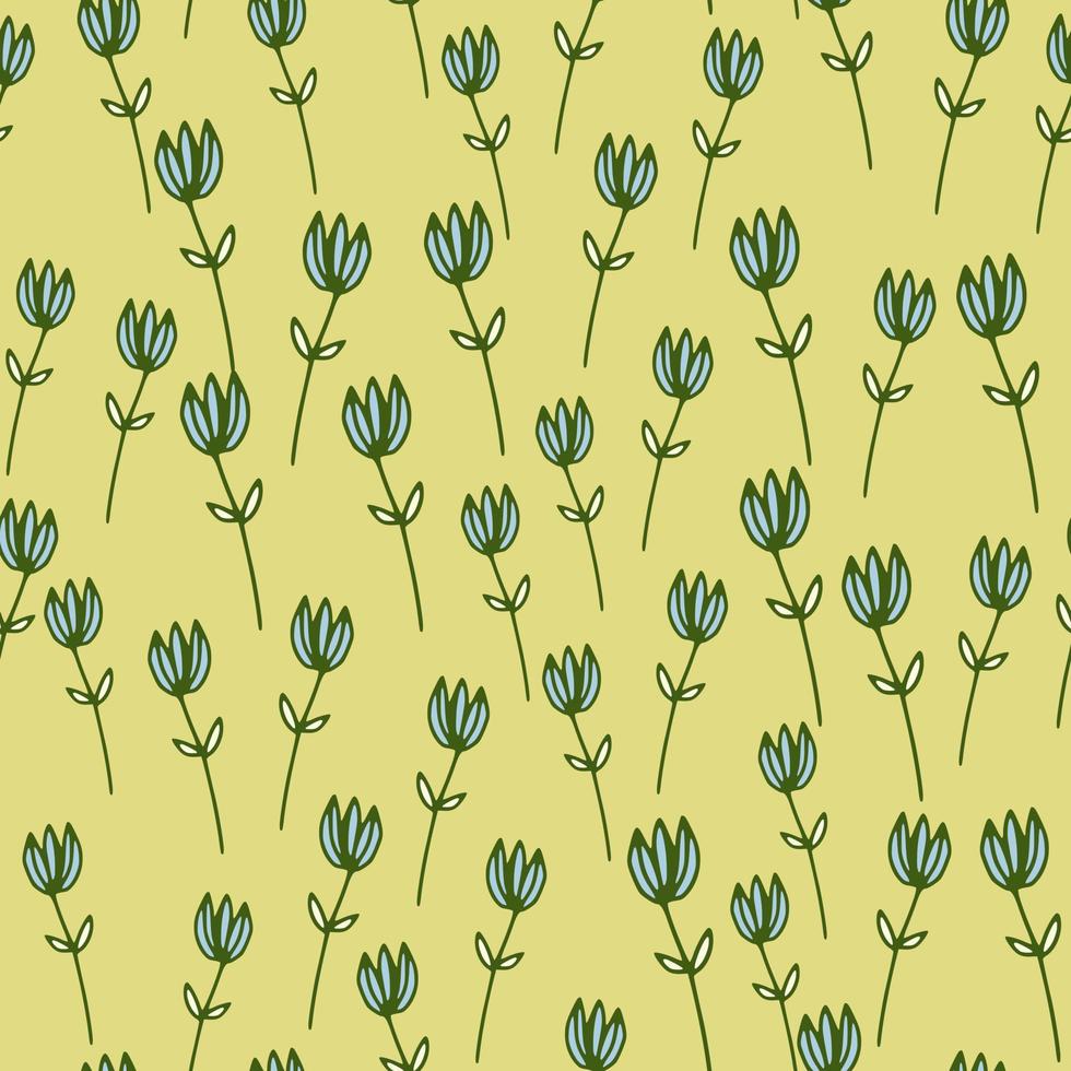 Pastel random seamless pattern with outline blue flower figures. Pastel yellow background. vector