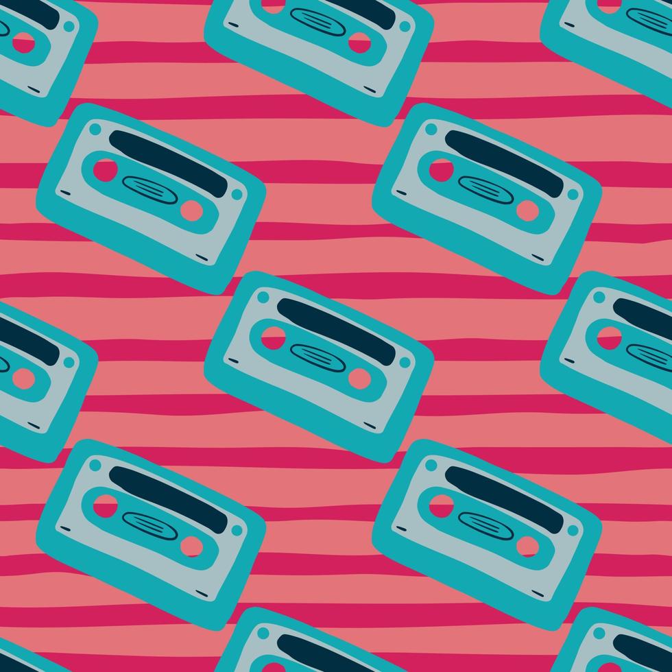 Blue tones seamless pattern with cassette hand drawn print. Pink stripped background. Stylized 80s music artwork. vector