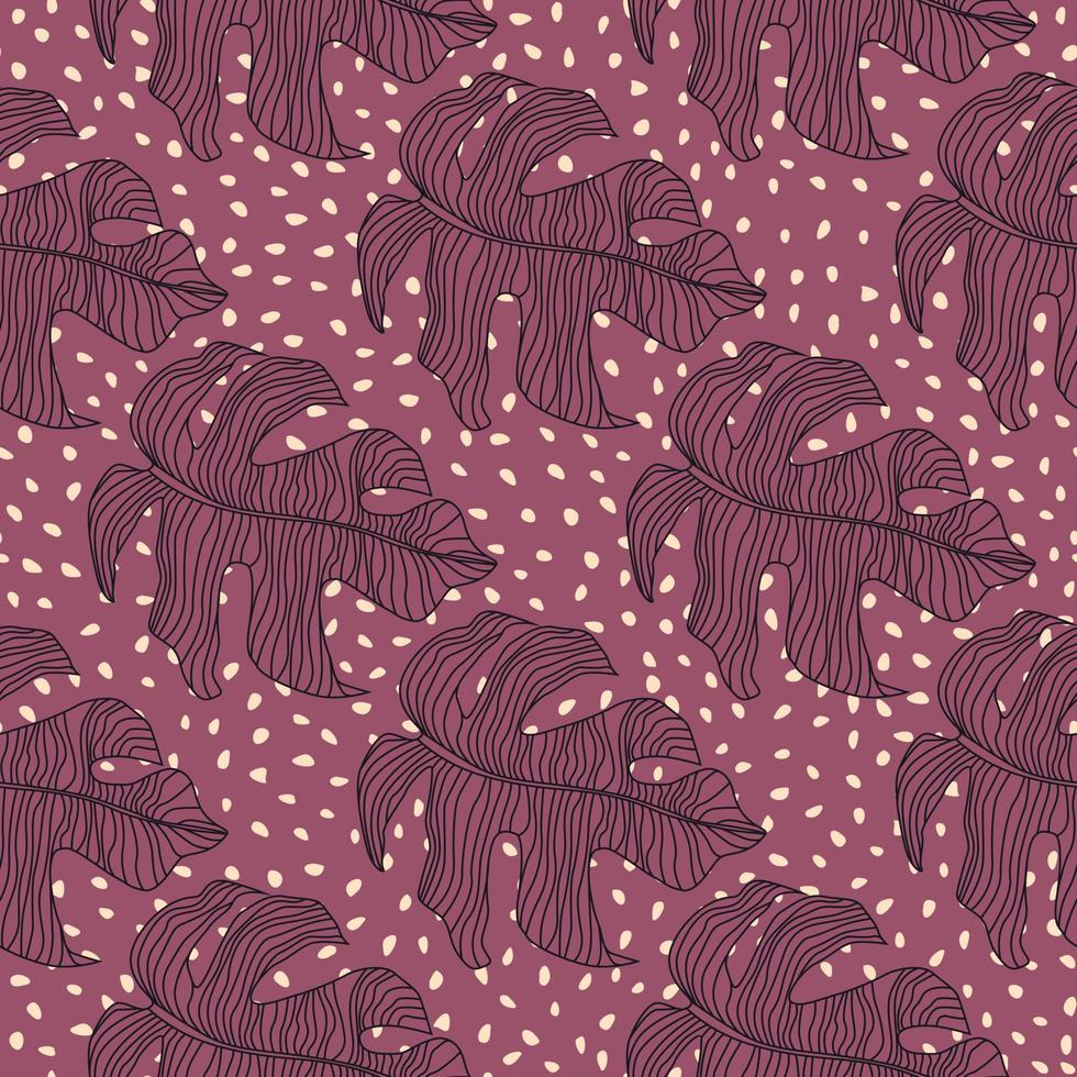 Creative seamless doodle pattern with stylized monstera ornament. Purple and violet tones foliage on dotted background. vector