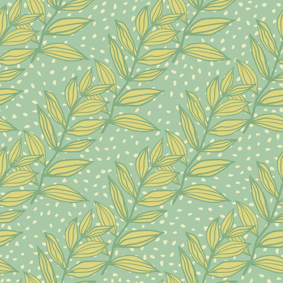 Green foliage outline abstract seamless pattern. Light turquoise background with white dots. vector
