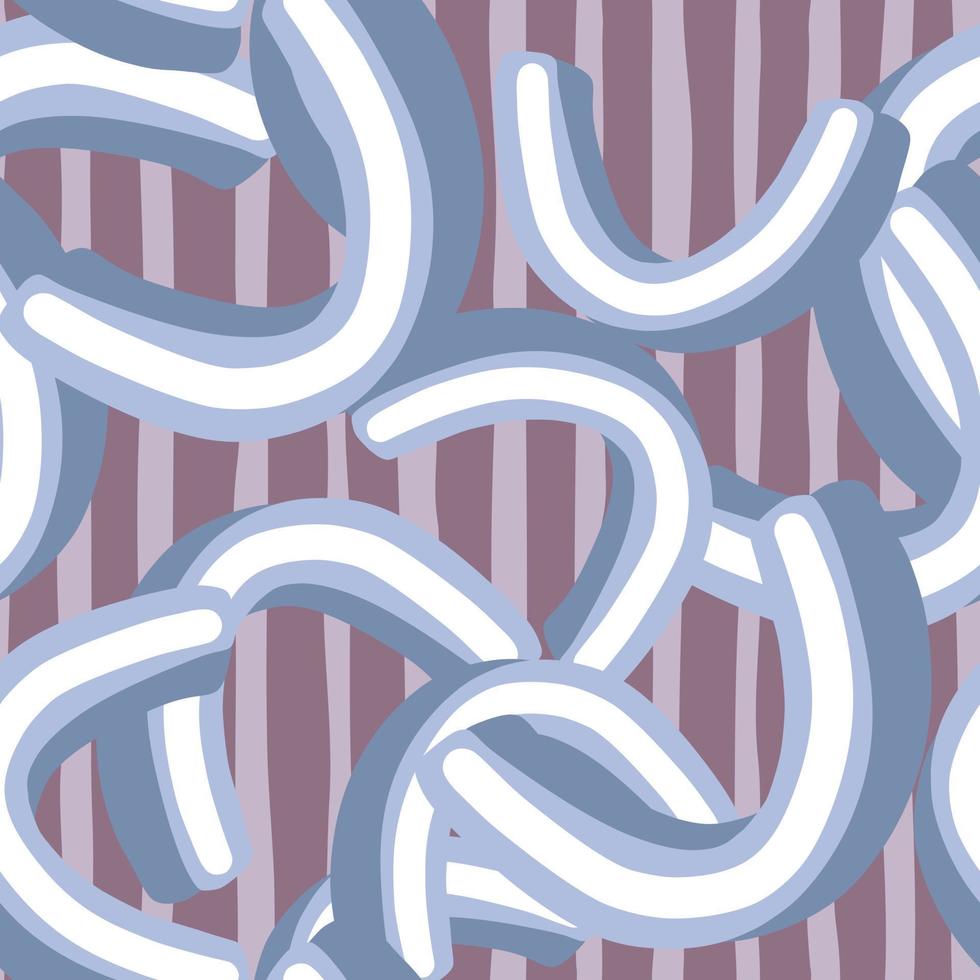 3d abstract shapes in blue color seamless doodle pattern. Purple striped background. Creative modern artwork. vector
