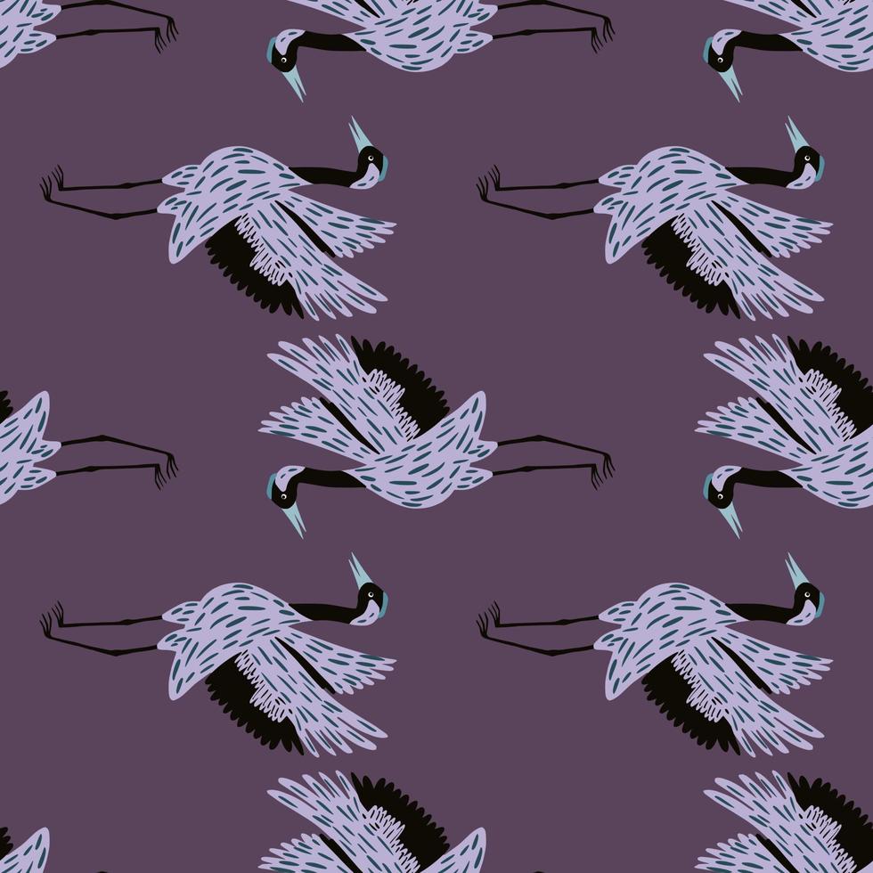 Doodle seamless fauna pattern with simple chinese crane bird ornament. Purple pale background. vector