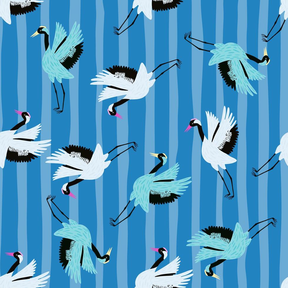 Bright random cartoon seamless pattern with white and blue crane shapes. Striped background. vector