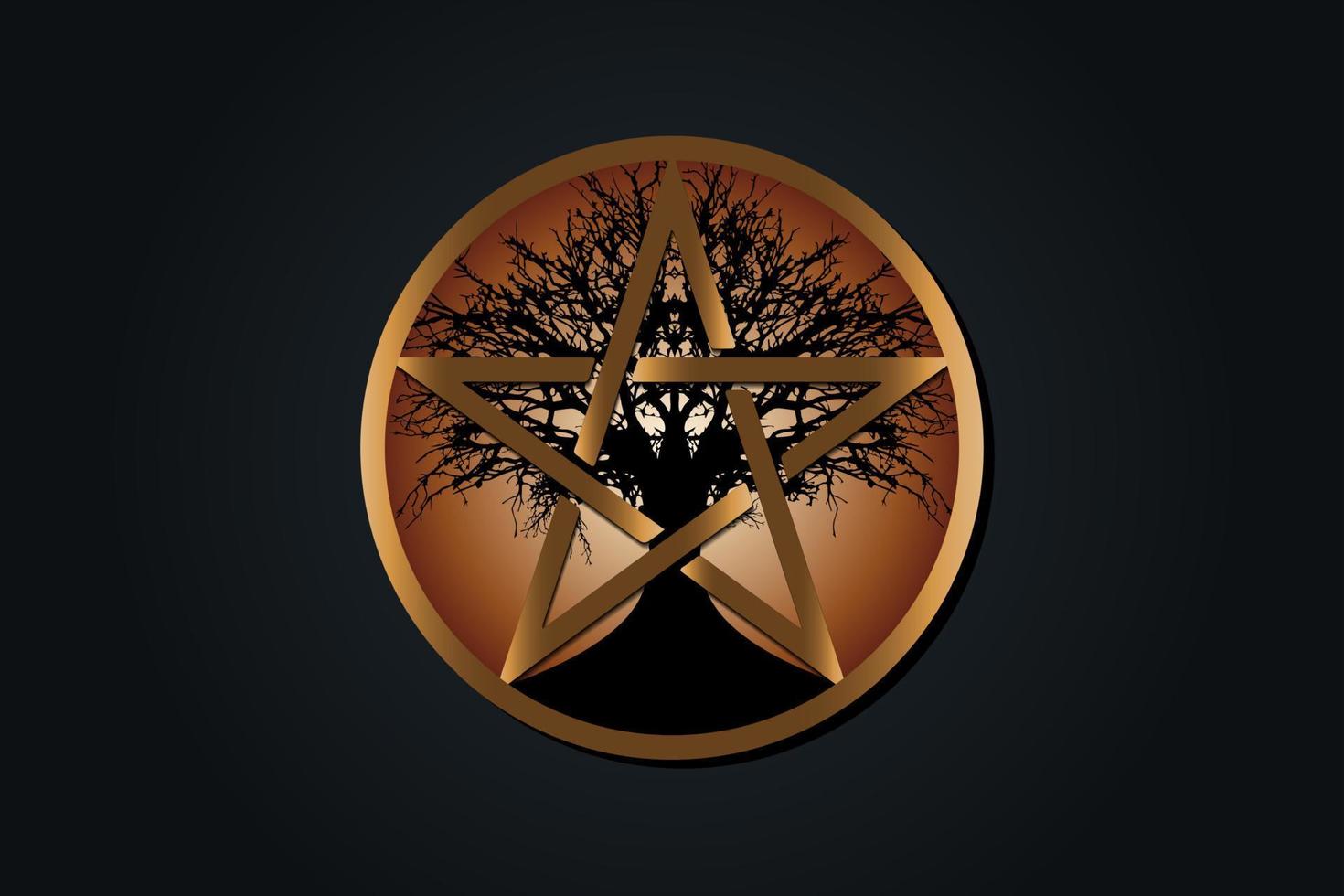 pentáculo de árbol, árbol de la vida y pentagrama wicca. geometría sagrada. logo de oro, libro de sombras símbolo de la diosa wiccan pagana, círculo de energía, tierra y prosperidad, vector aislado en fondo negro