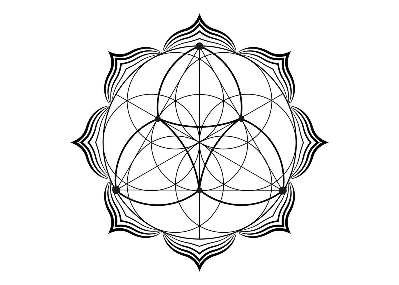 Seed Flower of life lotus icon, yantra mandala sacred geometry, tattoo symbol of harmony and balance. Mystical talisman, black lines vector isolated on white background