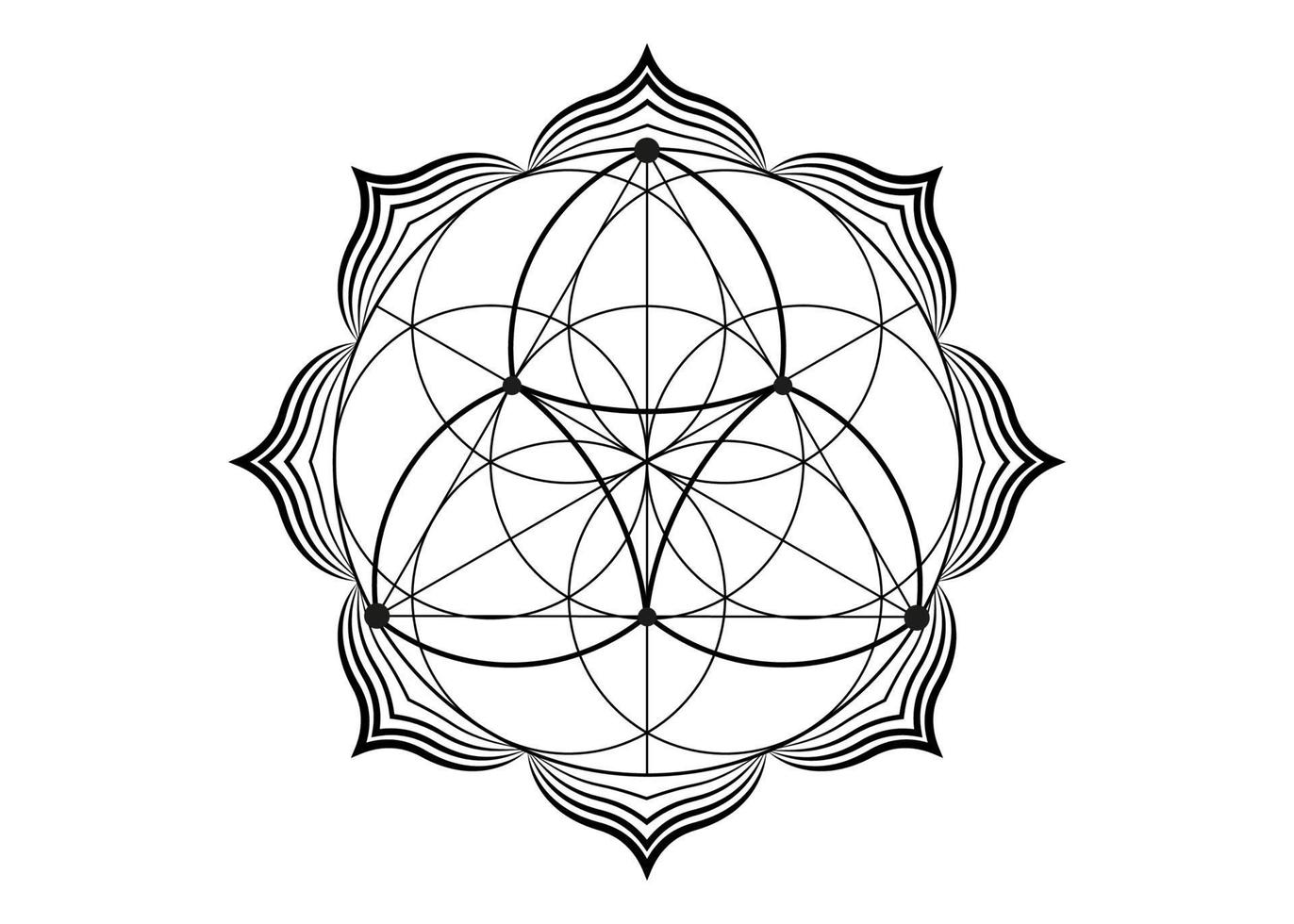 Seed Flower of life lotus icon, yantra mandala sacred geometry, tattoo symbol of harmony and balance. Mystical talisman, black lines vector isolated on white background