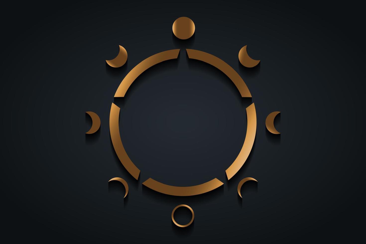 Fases circulares de la luna, espacio de copia. símbolo wiccano dorado, luna llena, menguante, creciente, primer trimestre, giboso, creciente, tercer trimestre. logotipo redondo dorado vectorial aislado en fondo negro negro vector