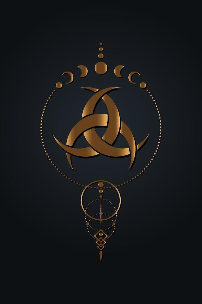 Gold dreamcatcher Moon Phases and Three Interlaced Crescents moon. Religion symbol, Odin icon. Golden luxury Celtic sacred flower Wiccan divination, tattoo tribal sign isolated on black background vector