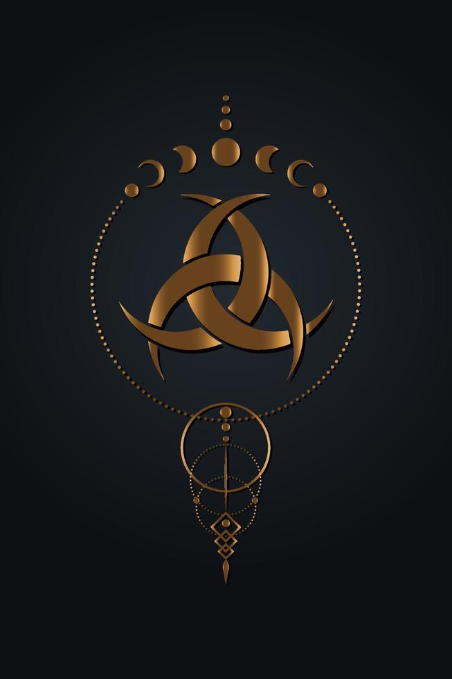 Atrapasueños dorado fases lunares y tres lunas crecientes entrelazadas. símbolo de religión, icono de odín. flor sagrada celta de lujo dorado adivinación wiccan, signo tribal tatuaje aislado sobre fondo negro vector