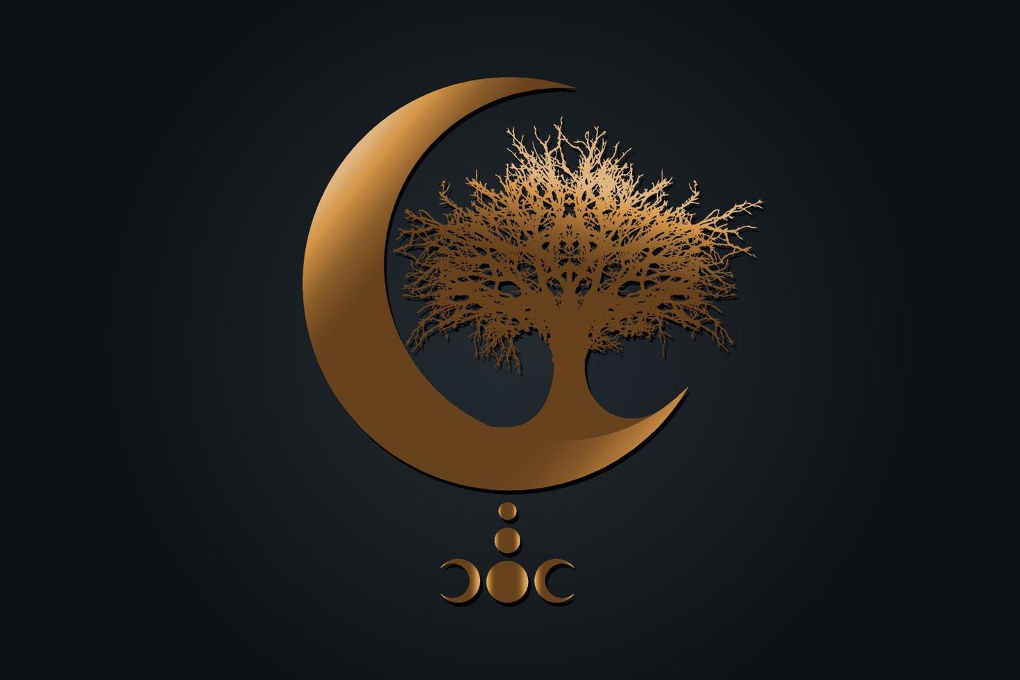 Gold Mystical Moon, tree of life Wicca sign. Sacred geometry. Golden luxury Logo, Crescent moon, half moon pagan Wiccan triple goddess symbol, energy circle, vector isolated on black background