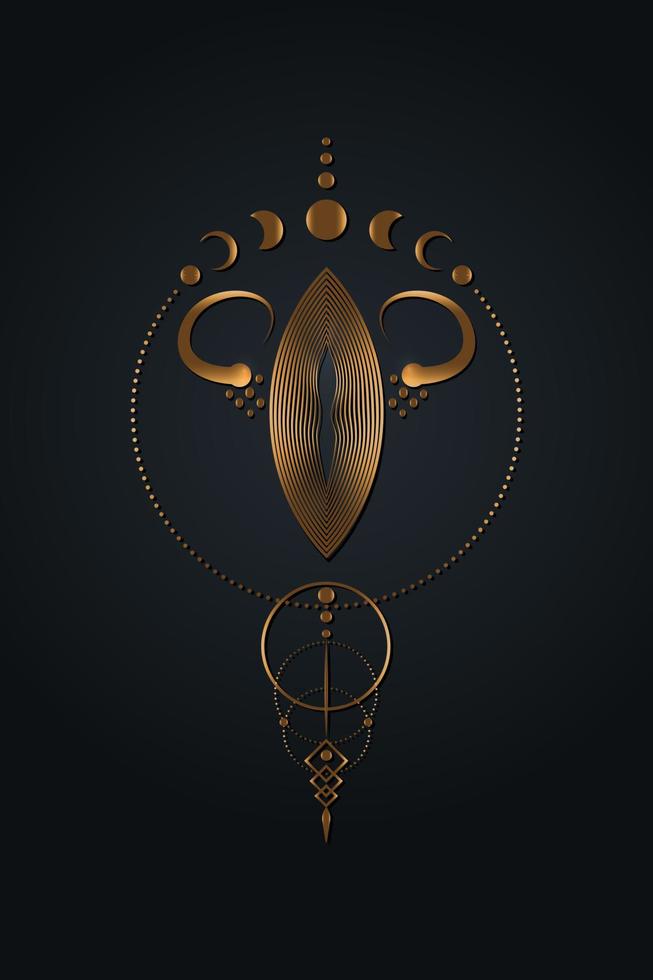 Mystical Sacred Tribal Vagina and Moon Phases, Sacred geometry. Golden beauty vagina concept abstract logo, gold almond sign symbol or mark, overlapping circles vector isolated or black background