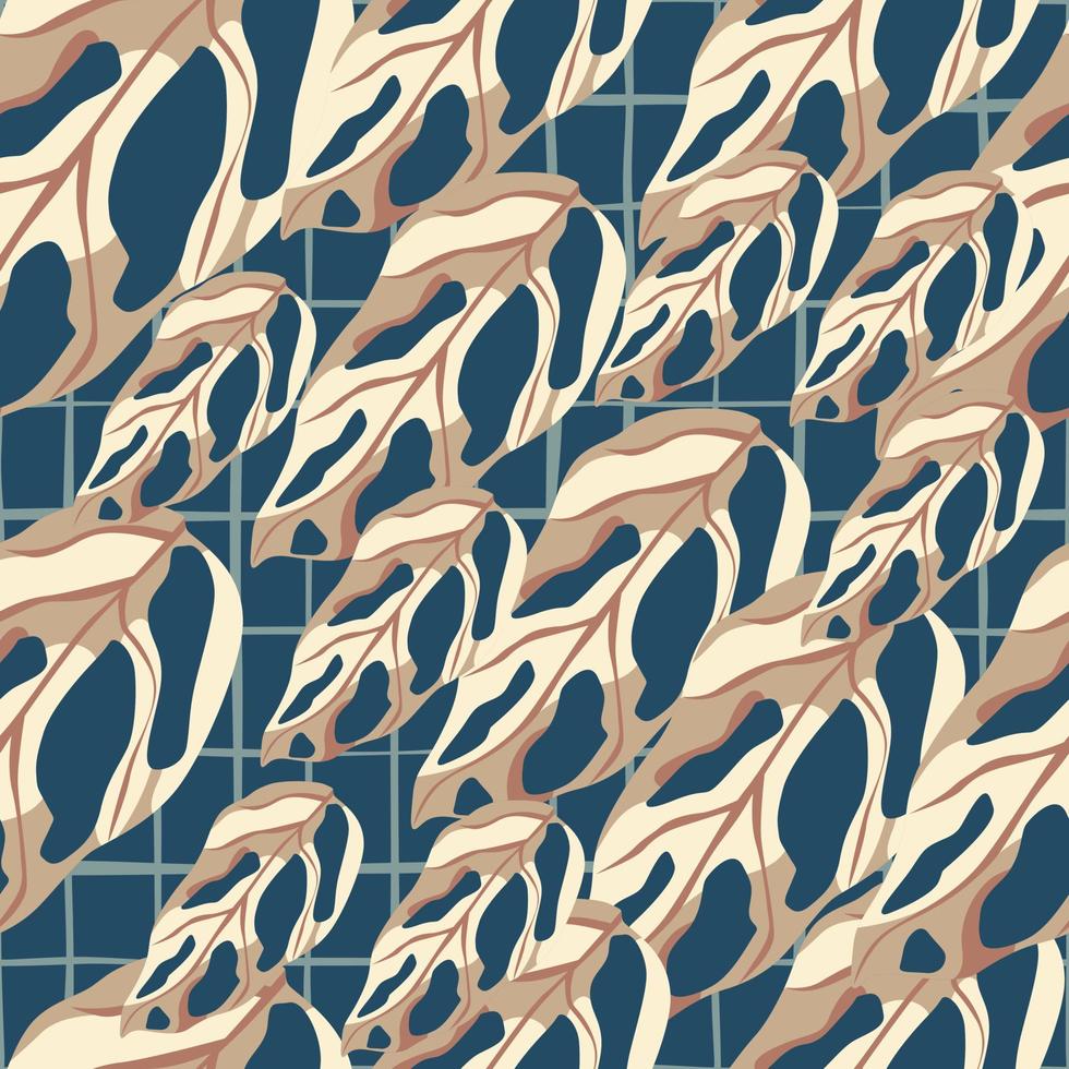 patrón simple sin inconvenientes con hojas de monstera estilizadas. fondo azul marino con cuadros. vector