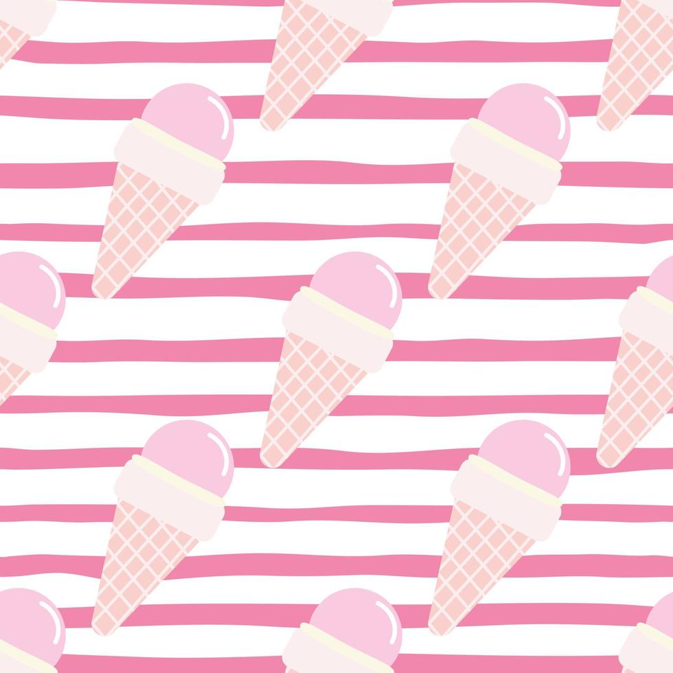 Seamless pattern ice cream in waffle cone. Food bright design in pink and white colors. Stripped background. vector