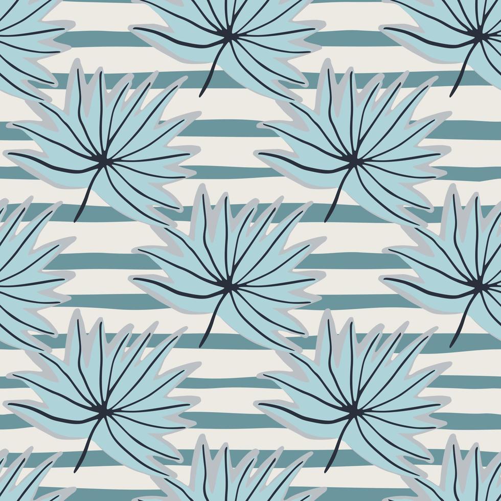 Pastel tropical leaf figures seamless pattern. Hand drawn blue foliage on white background with strips. vector