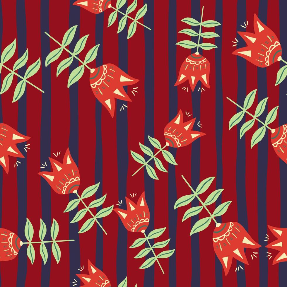 Vintage flower folk art seamless pattern on stripe background. Folklore style. vector