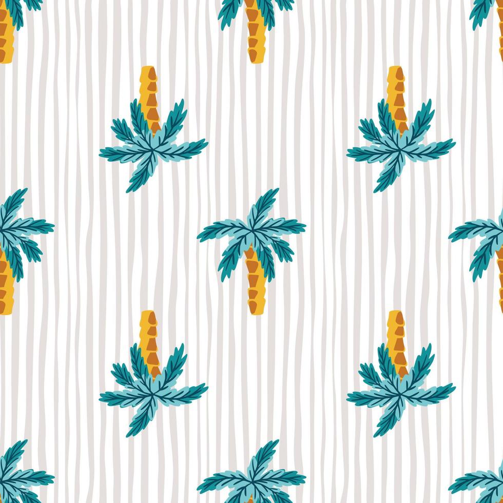 Hawaiian style seamless pattern with bright blue abstract palms tree silhouettes. Striped grey background. vector