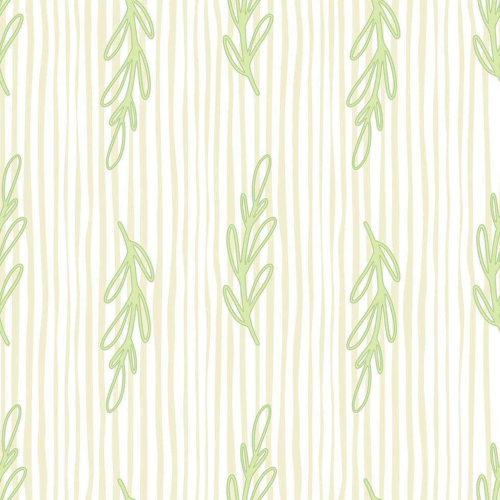 Light tones seamless foliage pattern with simple contoured branches on striped background. Doodle print. vector