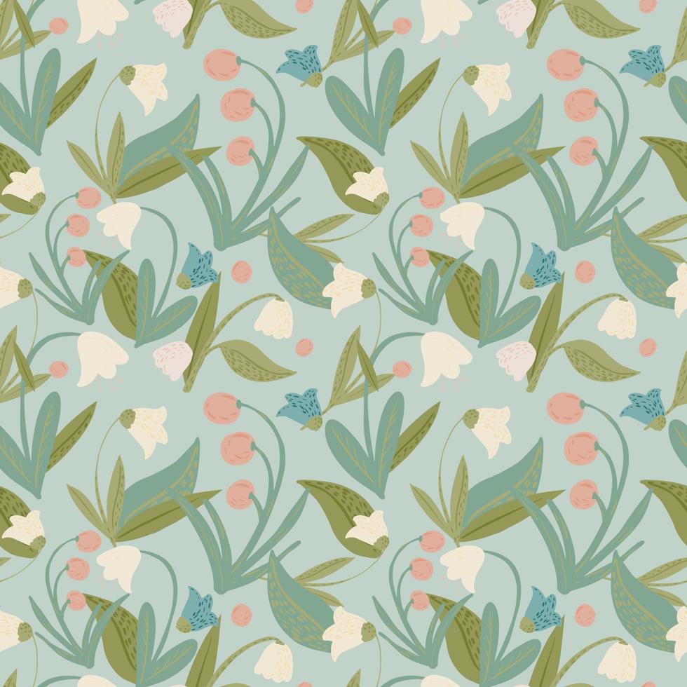 Bluebells seamless pattern on light blue background. Scandinavian texture with lily, bluebell and leaves. vector