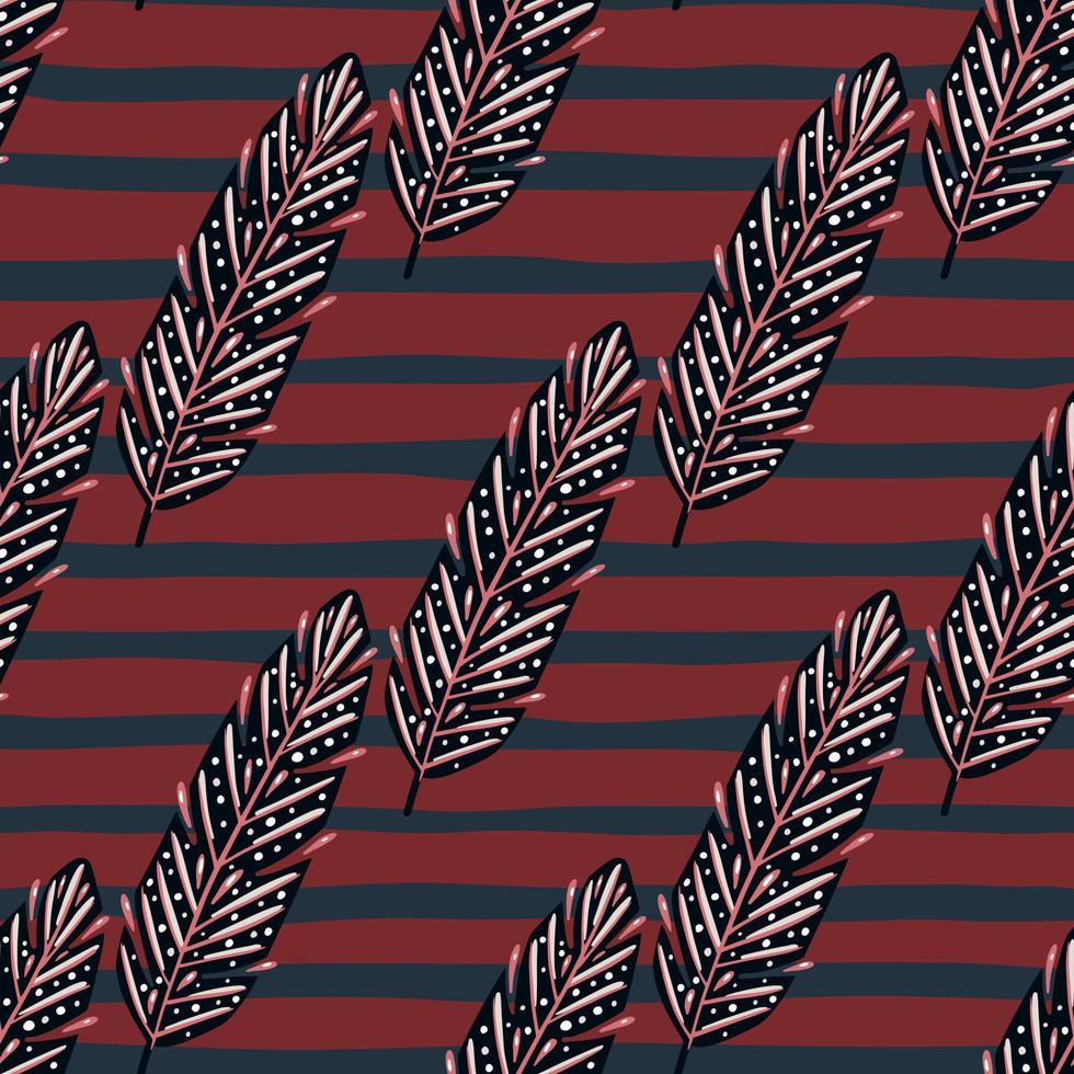 boceto retro de patrones sin fisuras con patrón de garabato sin costuras de plumas. fondo rayado rojo granate. obra de arte oscura. vector