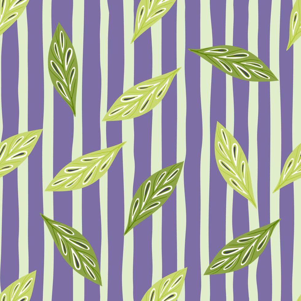 Random green leaf silhouettes seamless doodle pattern. Navy blue striped background. Spring artwork. vector