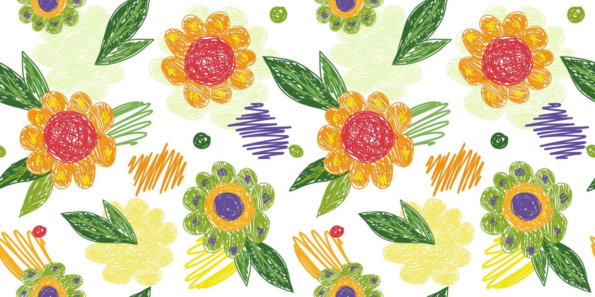 Cute doodle flowers seamless pattern on white background. Creative decorative botanical texture. vector