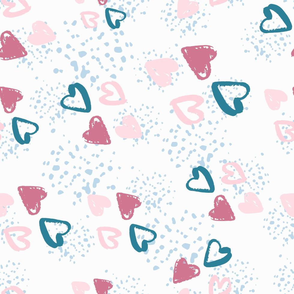 Random isolated love seamless pattern with heart figures. Pink and blue hand drawn ornament on white background with splashes. vector