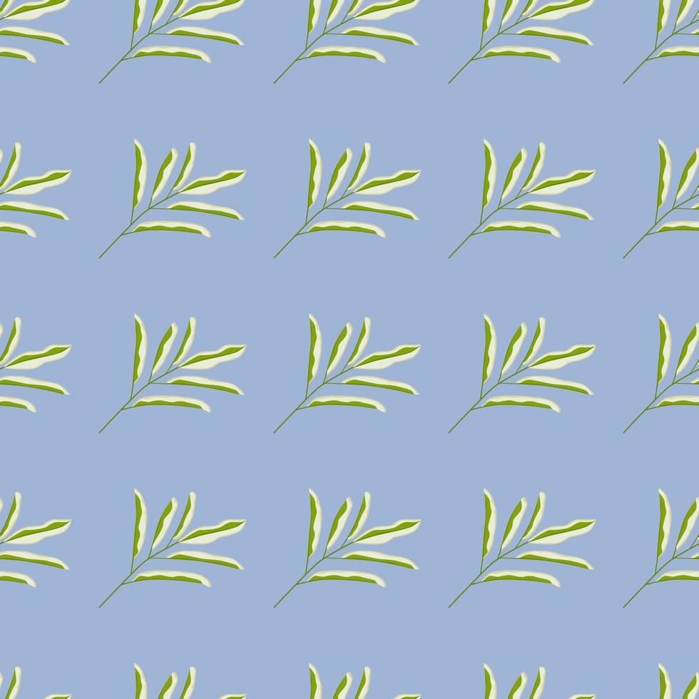 Decorative seamless nature pattern with green simple leaves branches silhouettes. Blue background. vector