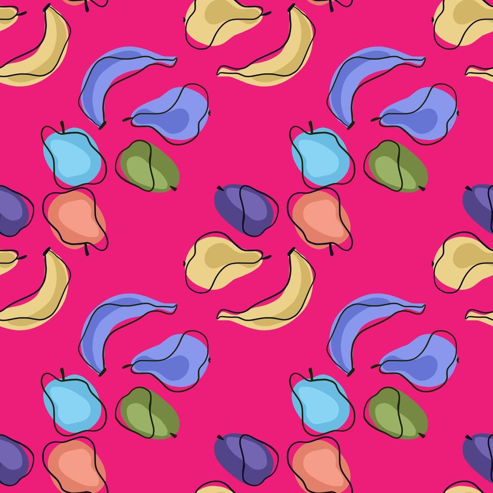 Colorful bright seamless pattern with doodle fruit ornament. banana, apple, plum, pear. Pink background. vector