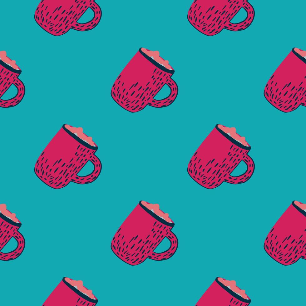 patrón de garabato sin costuras en contraste con formas de copa de cacao de Navidad. adorno de bebida rosa sobre fondo azul. vector