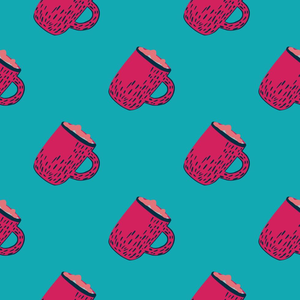 Contrast seamless doodle pattern with xmas cocoa cup shapes. Pink drink ornament on blue background. vector