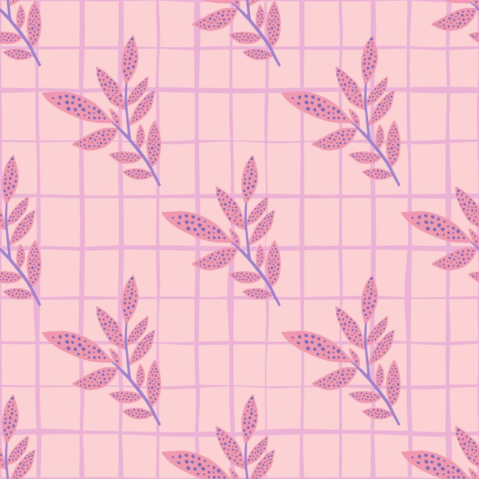 Branch leaves seamless doodle pattern. Floral silhouettes and background with check in pink color palette. vector