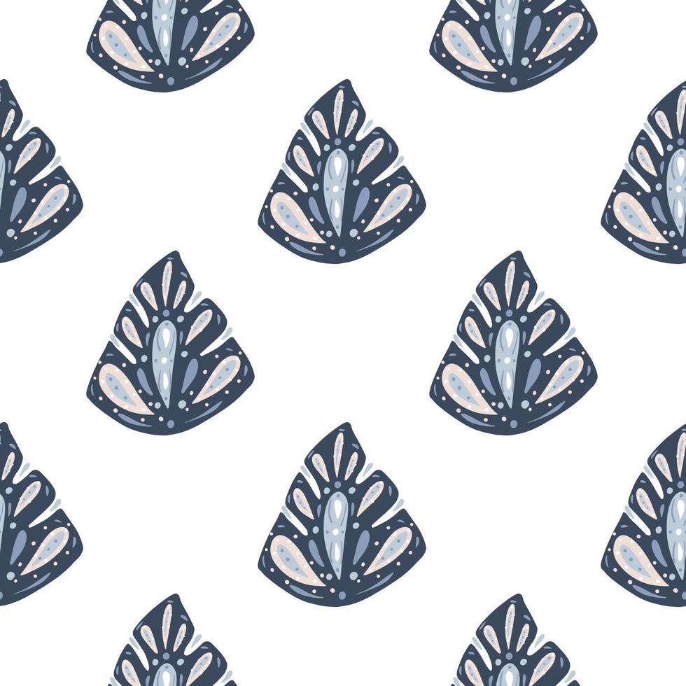 Isolated seamless pattern with navy blue hand drawn abstract monstera leaf shapes. White background. vector