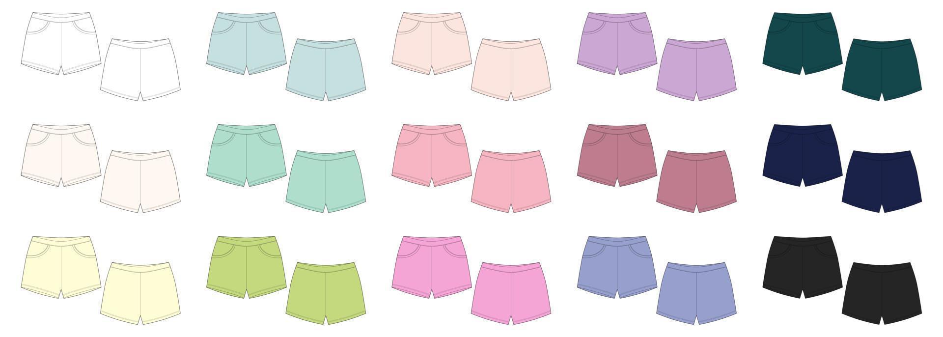 conjunto de plantilla de diseño de pantalones cortos de boceto técnico. colección de shorts deportivos elásticos. vector