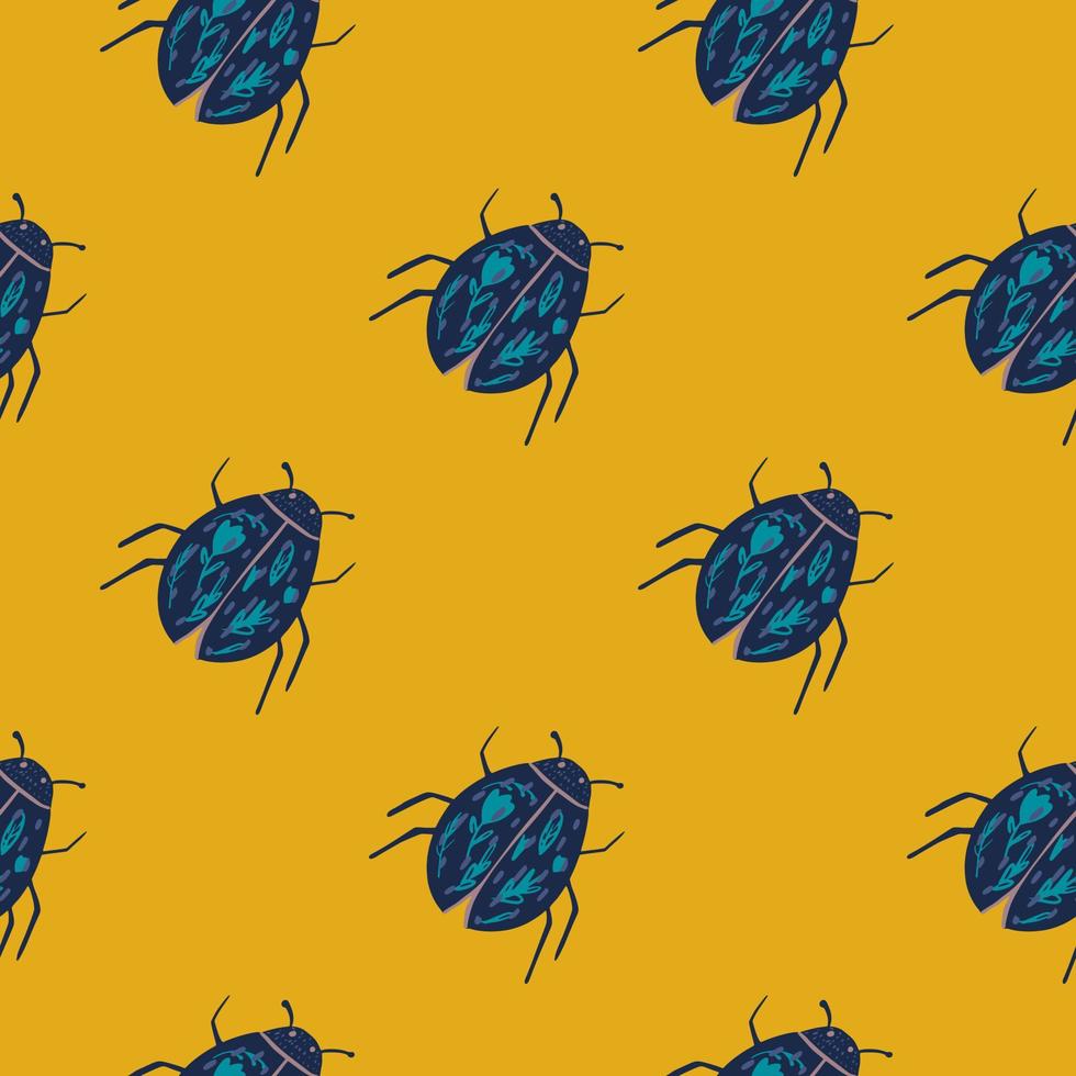 Seamless contrast pattern with navy blue bugs elements. Yellow background. Exotic insects ornament. vector