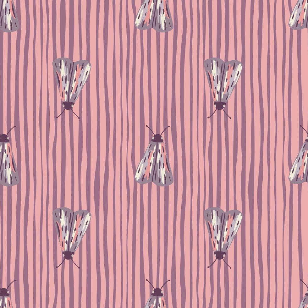 figuras de topos con adorno popular patrón de garabato seamles. siluetas elegantes de insectos de color púrpura claro sobre fondo rosa pelado. vector