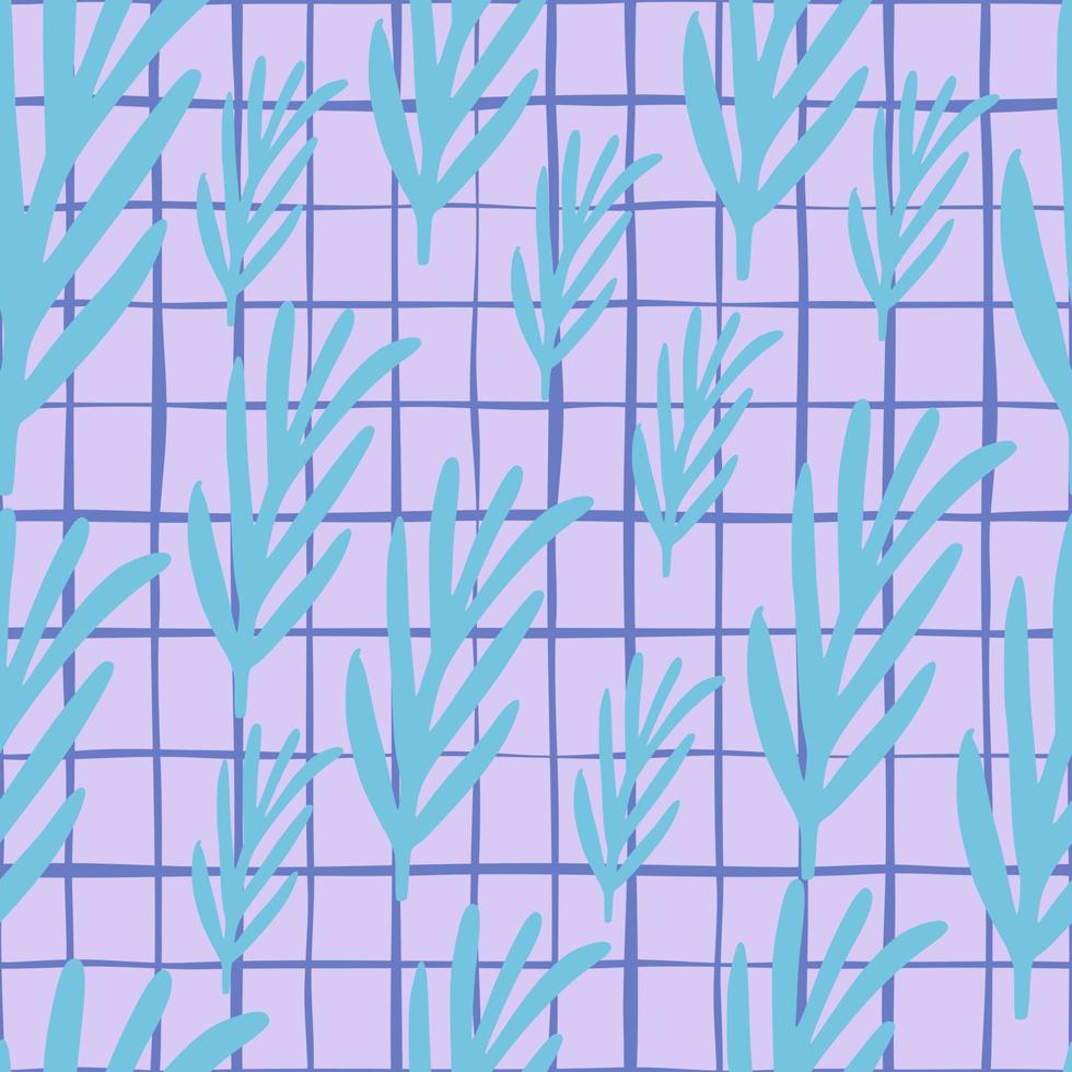 Random seamless doodle pattern with blue rosemary elements. Light lilac chequered background. vector