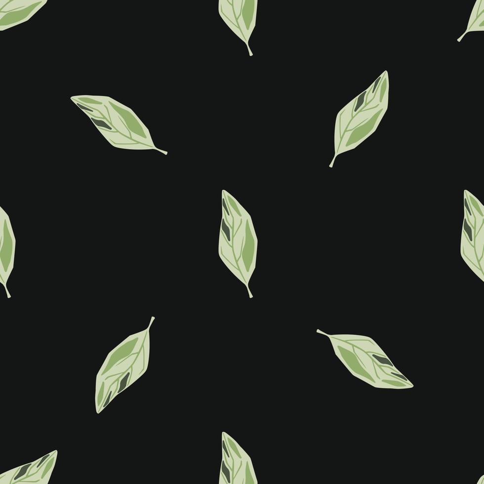 Cartoon botanic seamless pattern with light green leaf shapes. Black background. vector