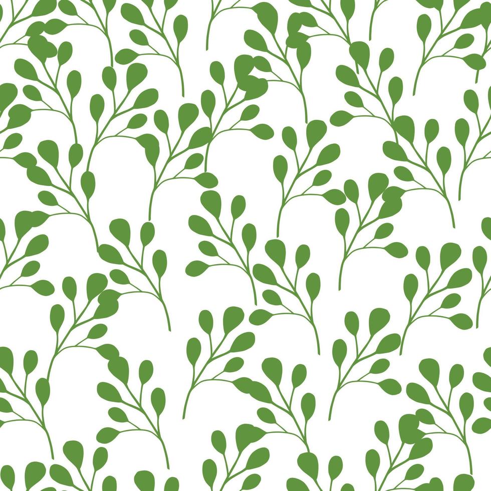 Isolated greenery tropic seamless pattern with doodle green white eucalyptus ornament. White background. vector