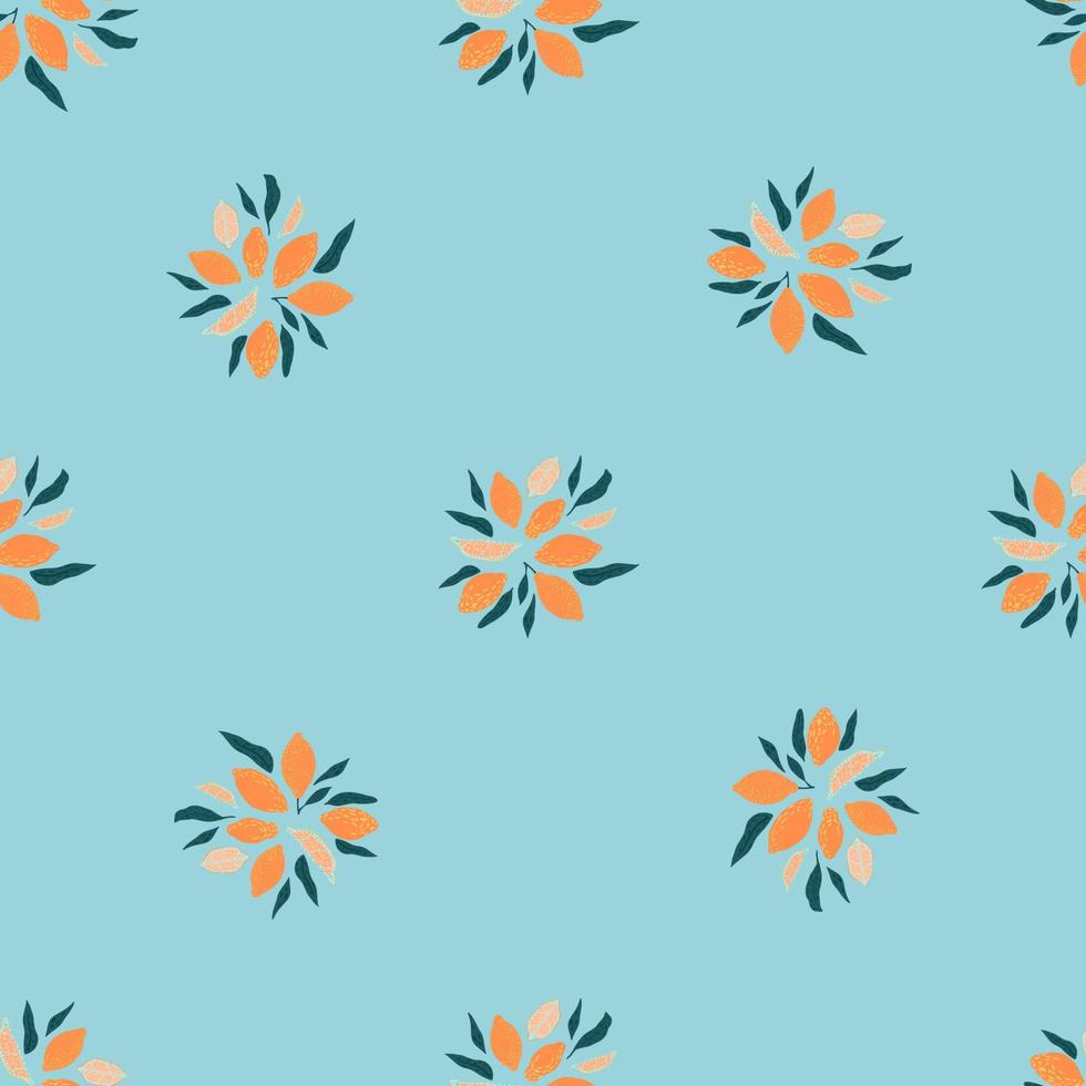 Exotic food citrus seamless pattern with orange lemon shapes. Blue background. vector