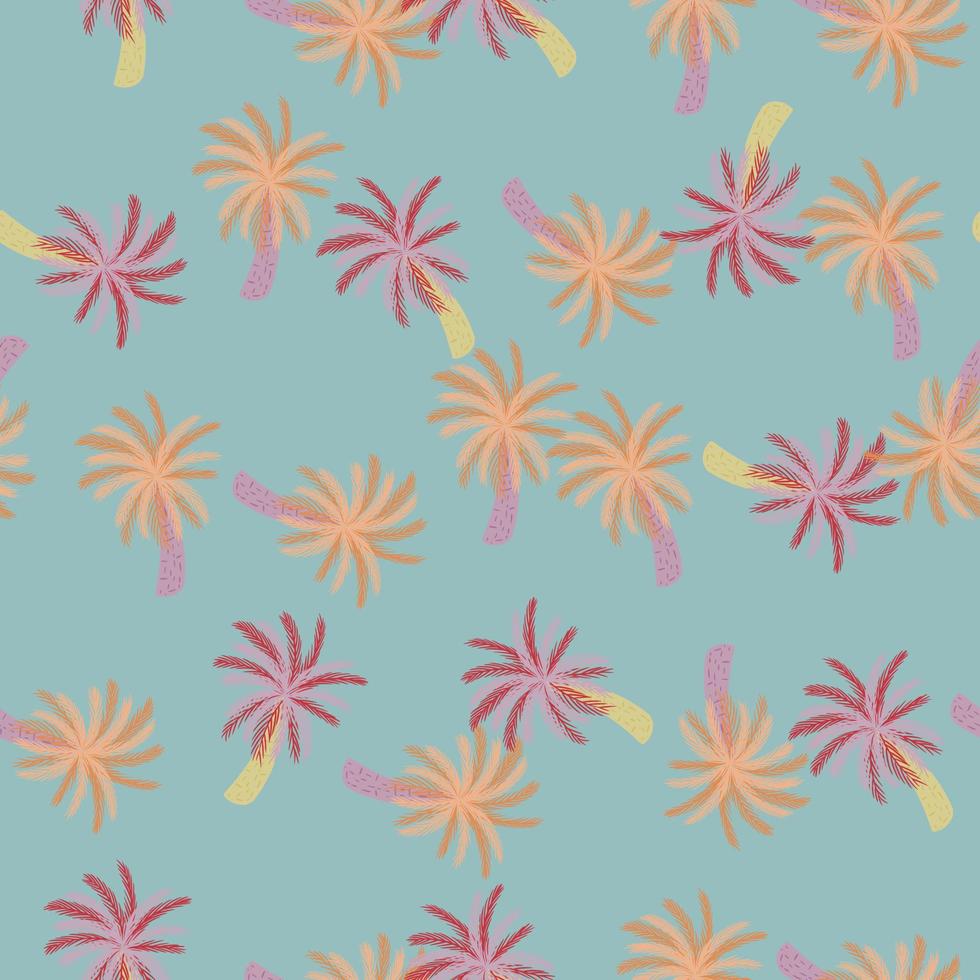 Decorative seamless pattern with cartoon pink and orange palm trees. Blue background. Creative artwork. vector