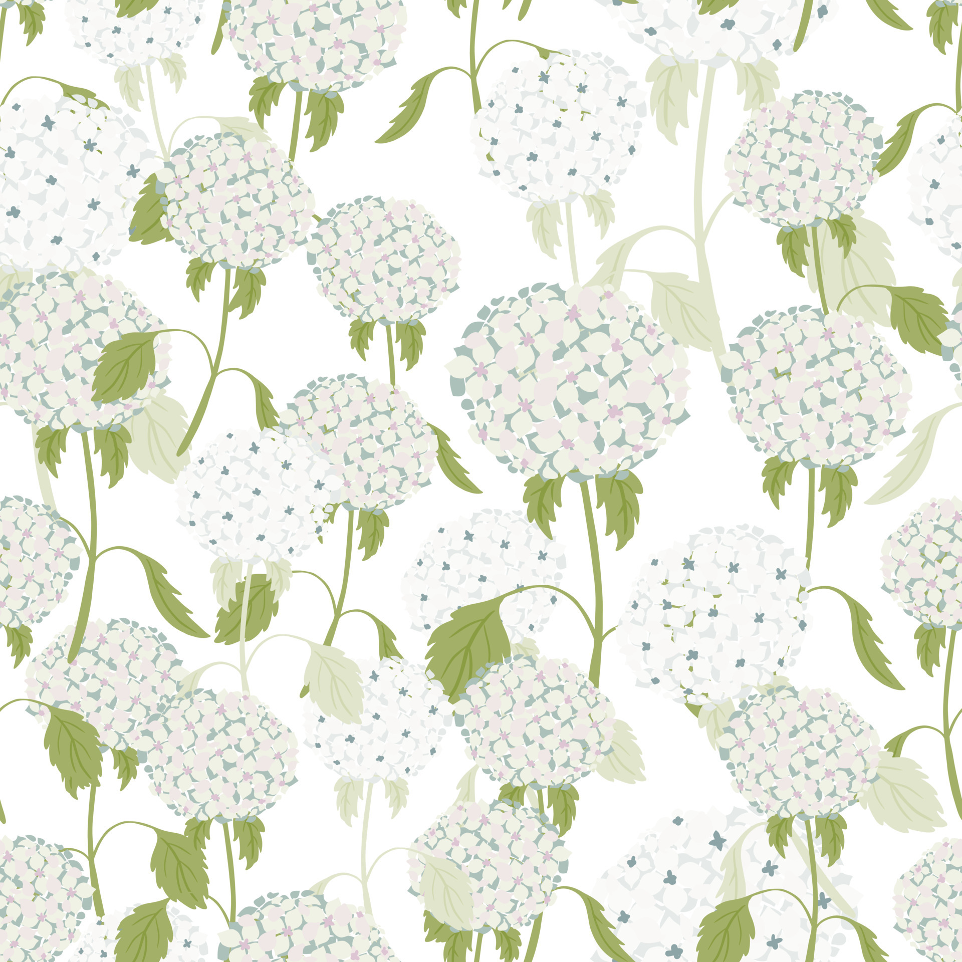 Isolated seamless pattern with light blue random hydrangea flowers
