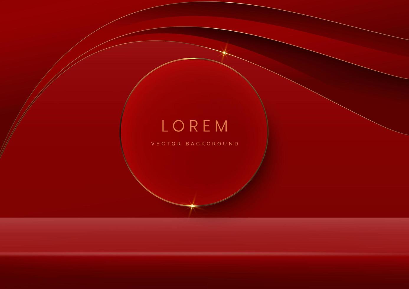 Red studio room background decor circle gold line and scence curve golden overlapping with copy space for display product, promotion display. vector
