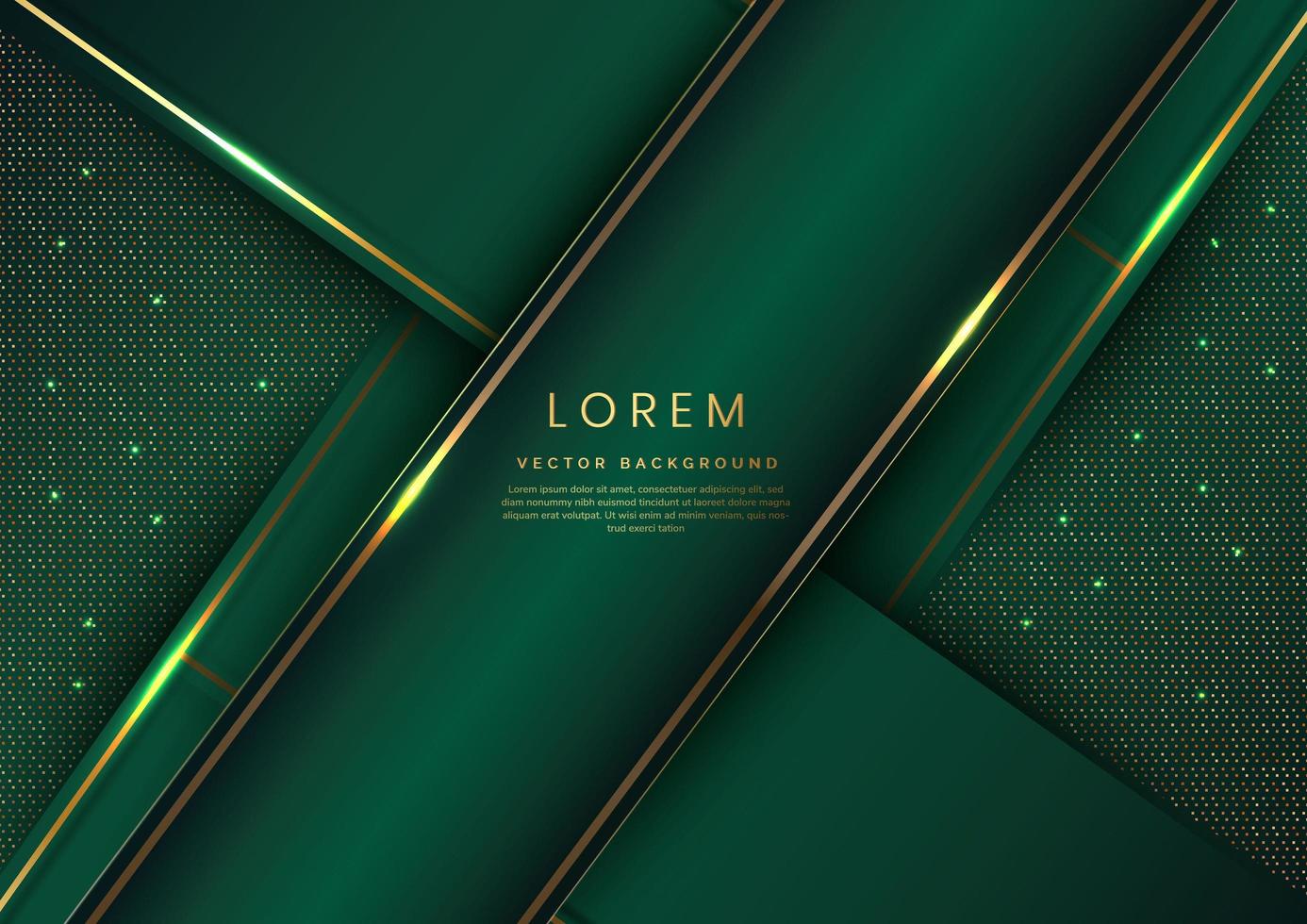 Abstract luxury green geometric diagonal overlay layer background with golden lines. vector