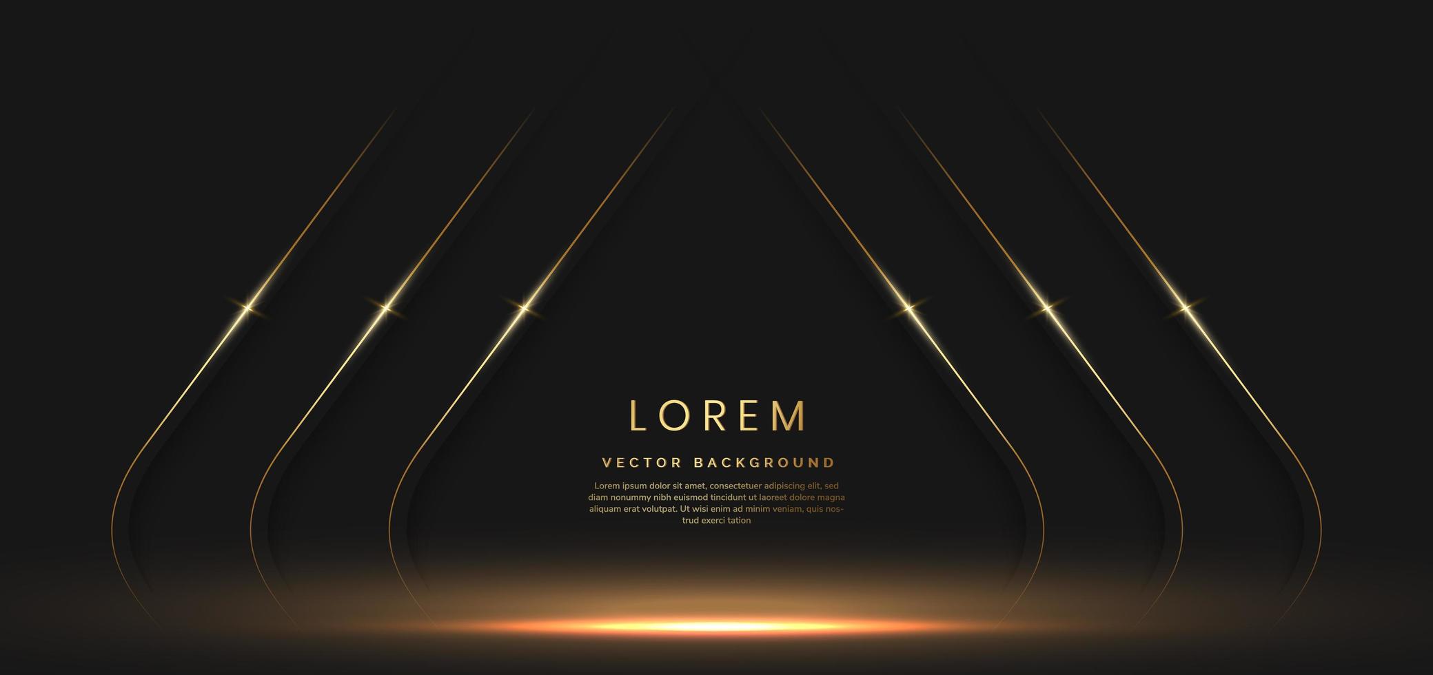 Abstract 3D luxury template shiny black background with lines golden glowing. vector